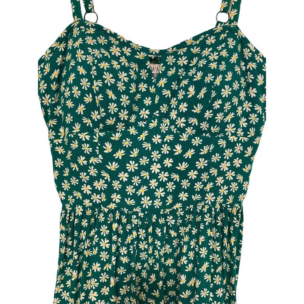 Floral Green Summer Dress w/ shelf bra, adjustable straps, stretchy back, Small